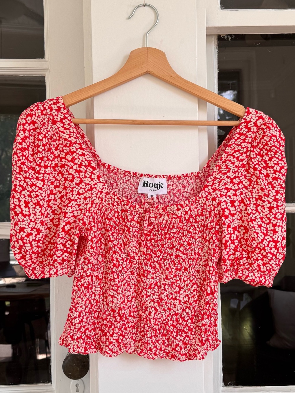 Rouje Paris Katia Top 38 US 6 Red Floral Smocked Puff Sleeve - NWOT